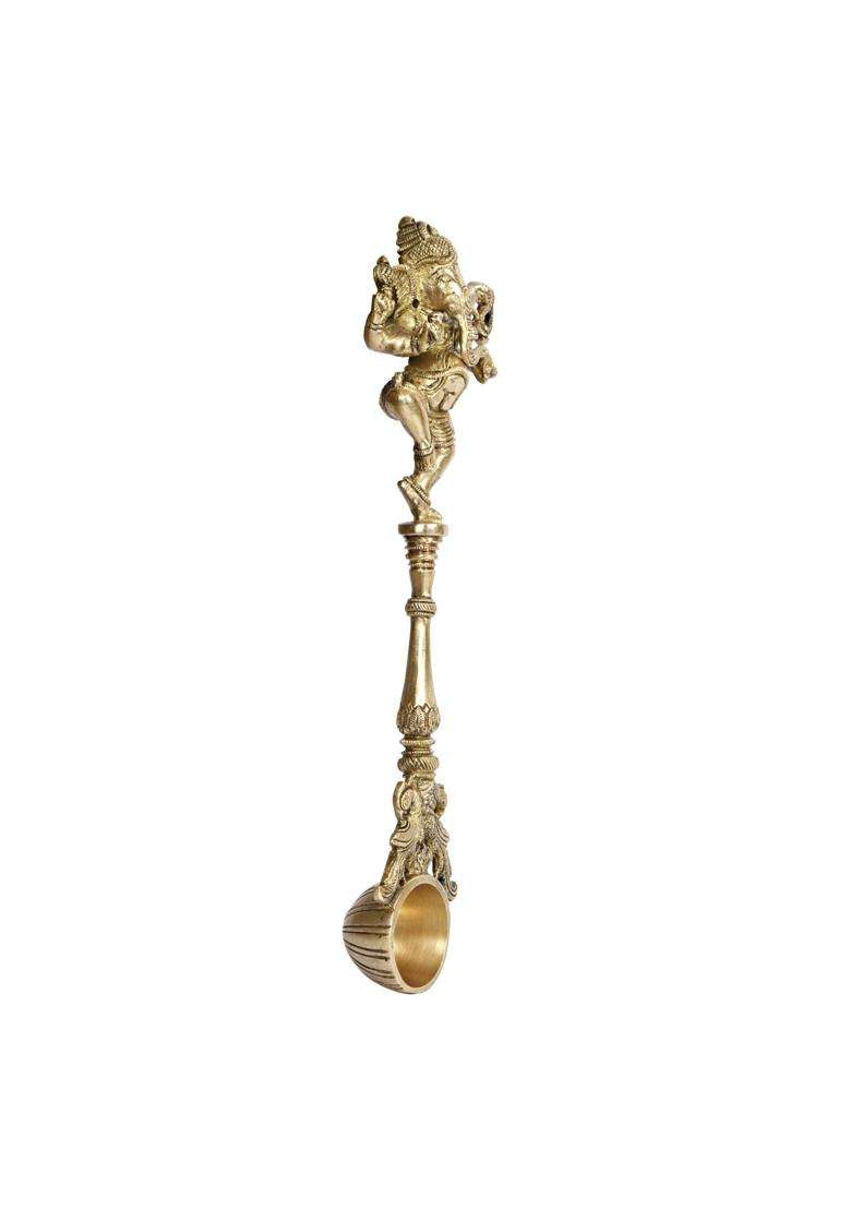 Kartique Gold Brass Dancing Ganesha Achmani Pooja Spoon for Rituals 11 Inches - Indya