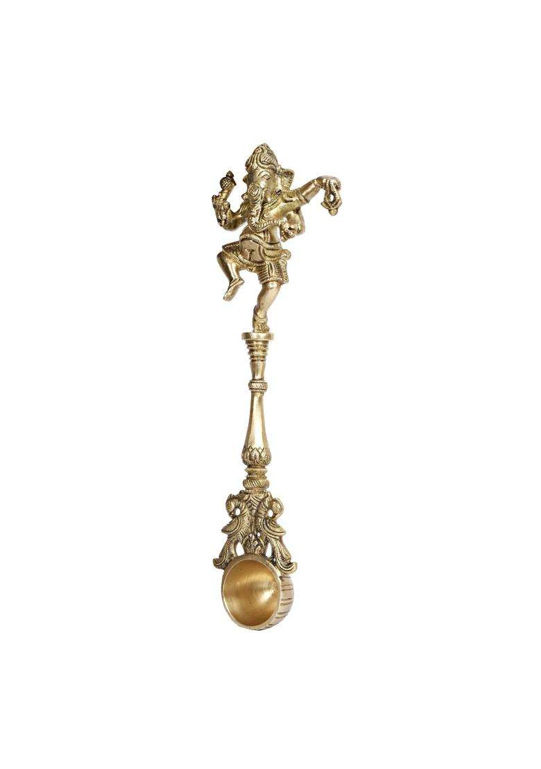 Kartique Gold Brass Dancing Ganesha Achmani Pooja Spoon for Rituals 11 Inches - Indya