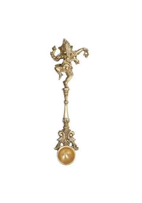 Kartique Gold Brass Dancing Ganesha Achmani Pooja Spoon for Rituals 11 Inches