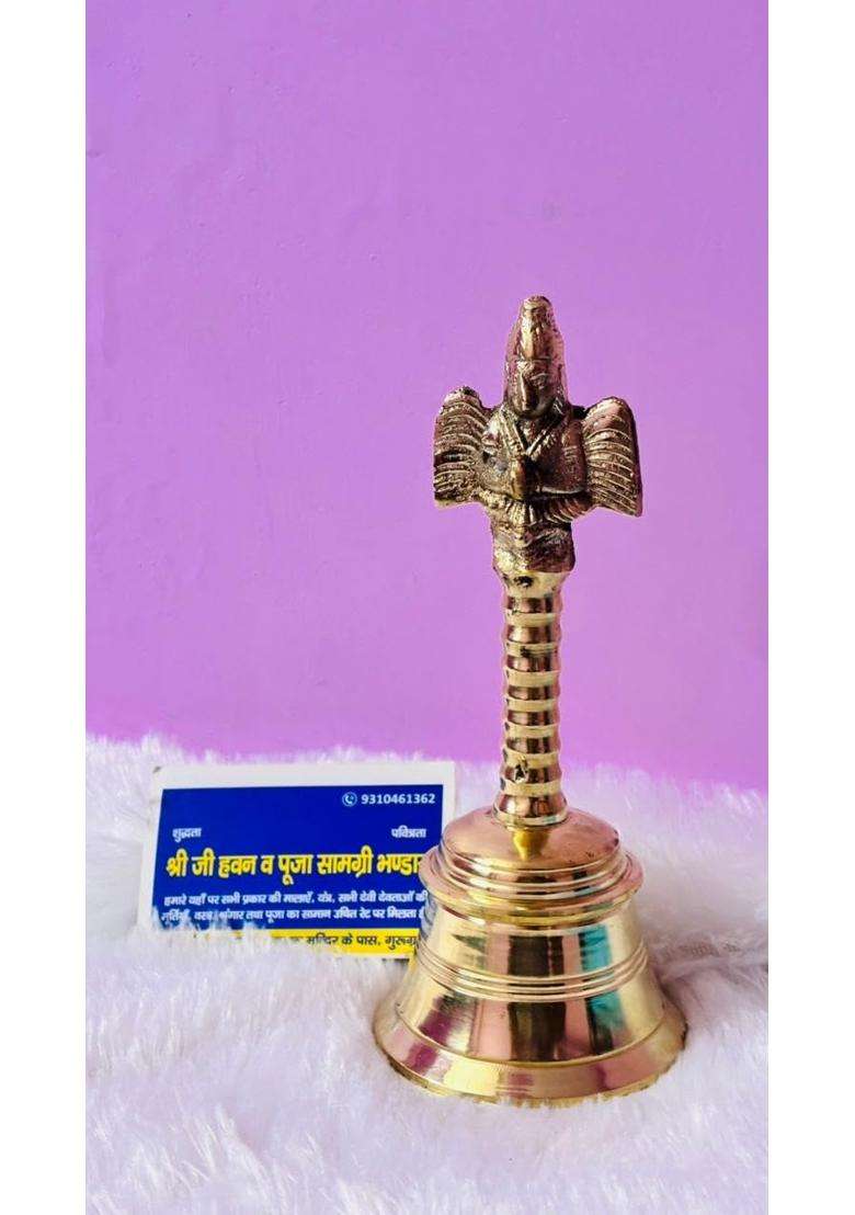 Pure Brass Ghanti for Mandir Traditional Hindu Temple Bell with Garuda Handle Golden Finish Pooja Bell - Indya