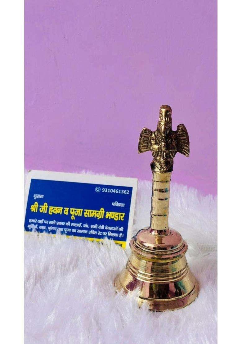 Pure Brass Ghanti for Mandir Traditional Hindu Temple Bell with Garuda Handle Golden Finish Pooja Bell - Indya