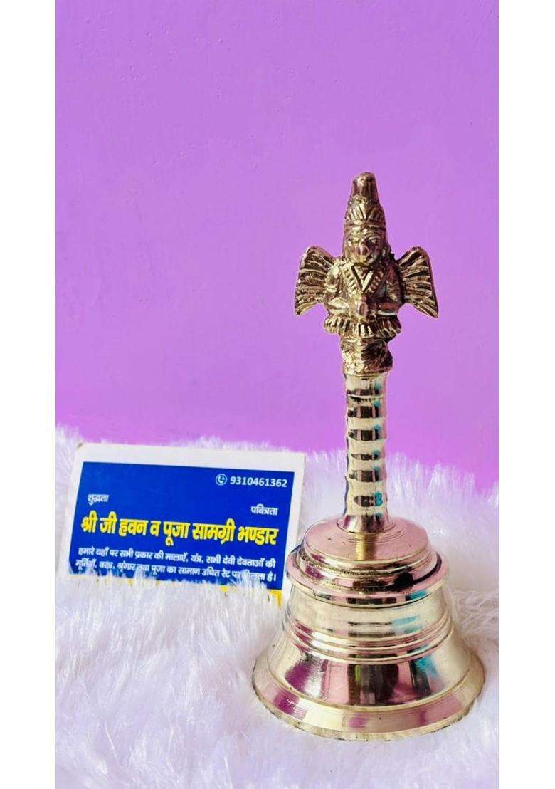 Pure Brass Ghanti for Mandir Traditional Hindu Temple Bell with Garuda Handle Golden Finish Pooja Bell - Indya