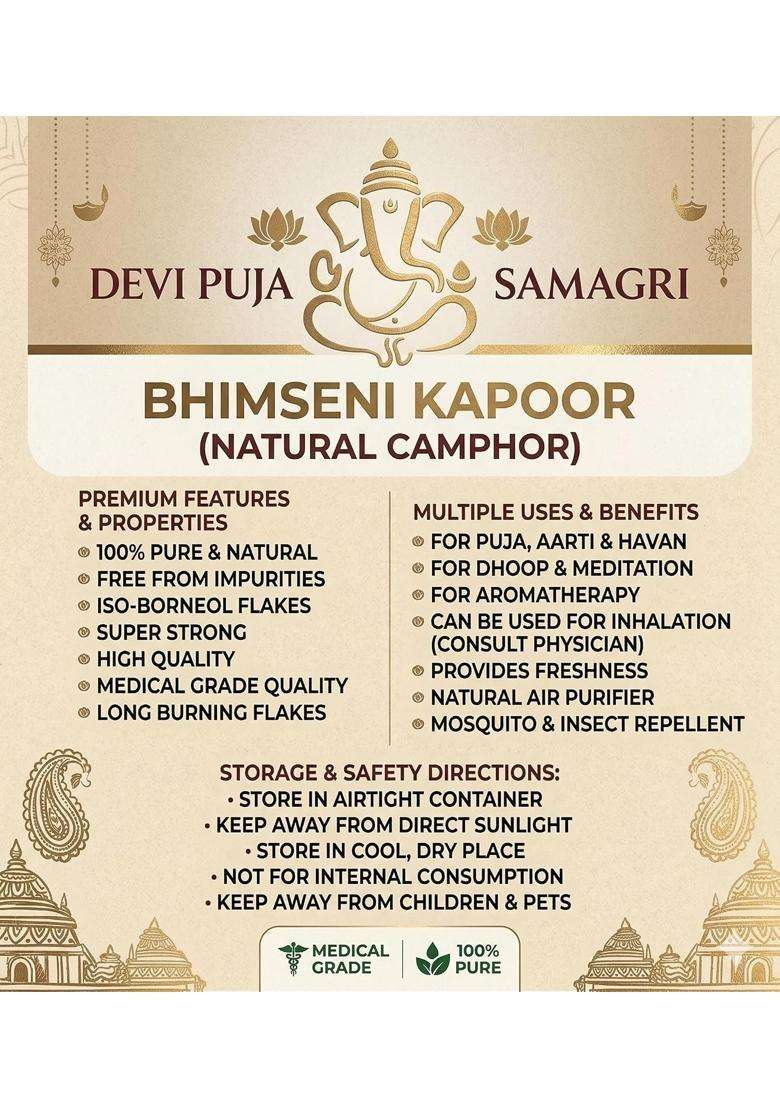 100 Percent Pure Bhimseni Camphor Flakes Medical Grade Karpooram for Pooja Havan and Aromatherapy - Indya