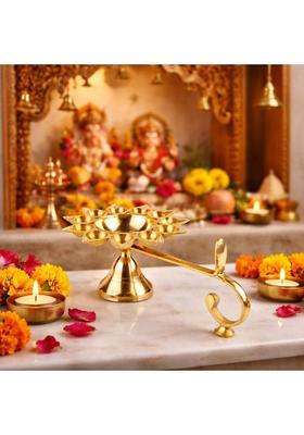 Klassic 9 Inch Pure Brass Aarti Diya 11 Small Batti and 1 Big Batti Pooja Lamp with Golden Finish