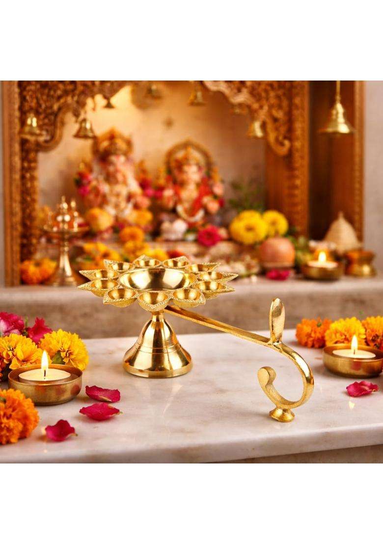 Klassic 9 Inch Pure Brass Aarti Diya 11 Small Batti and 1 Big Batti Pooja Lamp with Golden Finish - Indya