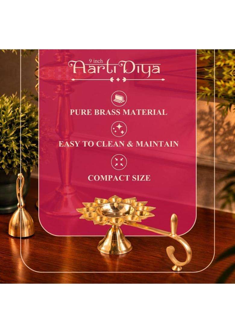 Klassic 9 Inch Pure Brass Aarti Diya 11 Small Batti and 1 Big Batti Pooja Lamp with Golden Finish - Indya