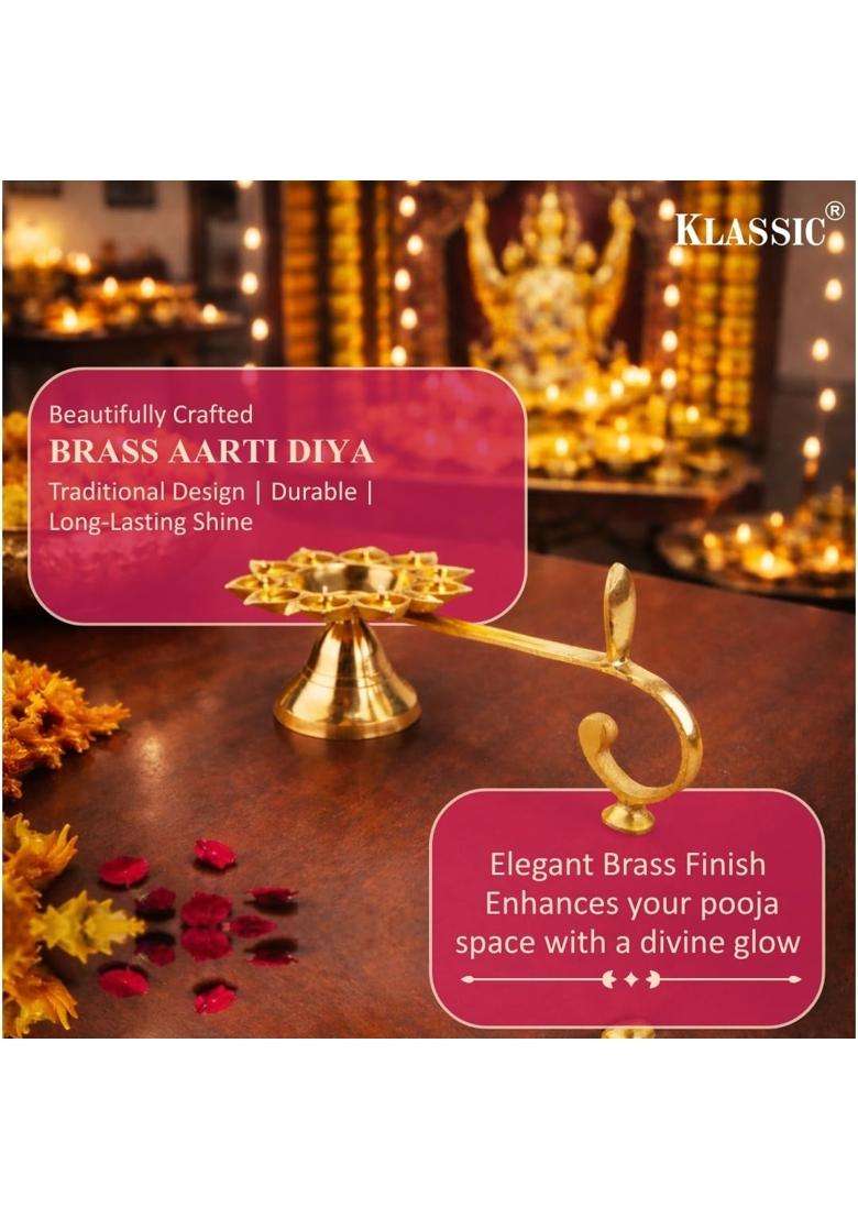Klassic 9 Inch Pure Brass Aarti Diya 11 Small Batti and 1 Big Batti Pooja Lamp with Golden Finish - Indya