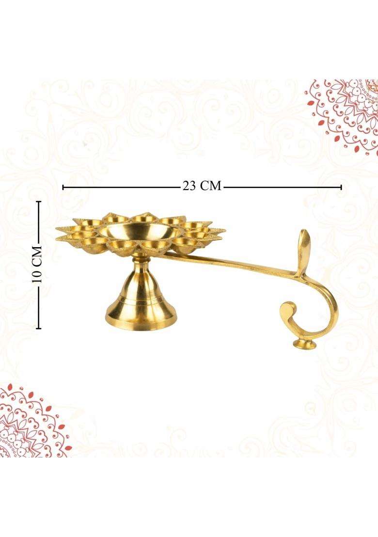 Klassic 9 Inch Pure Brass Aarti Diya 11 Small Batti and 1 Big Batti Pooja Lamp with Golden Finish - Indya