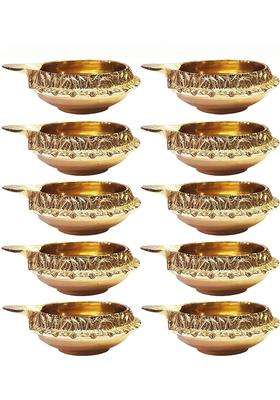 Craftsman 100 Percent Pure Virgin Brass Diwali Diya Indian Pooja Oil Lamp Golden Engraved Design Dia Set of 20