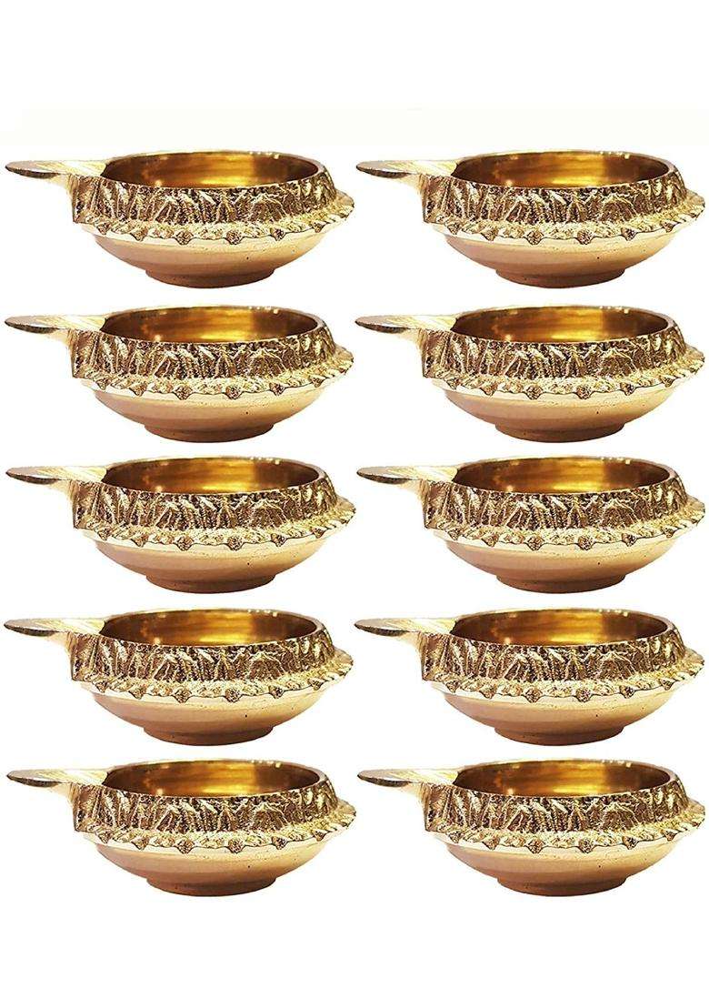 Craftsman 100 Percent Pure Virgin Brass Diwali Diya Indian Pooja Oil Lamp Golden Engraved Design Dia Set of 20 - Indya