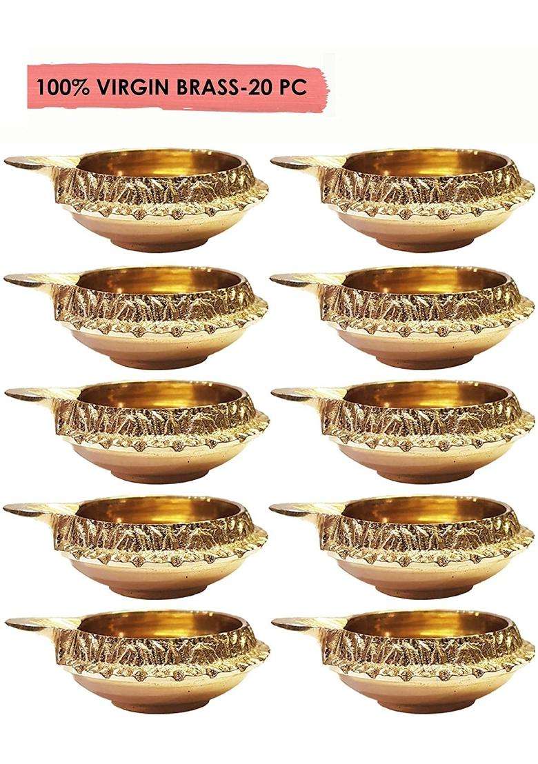 Craftsman 100 Percent Pure Virgin Brass Diwali Diya Indian Pooja Oil Lamp Golden Engraved Design Dia Set of 20 - Indya