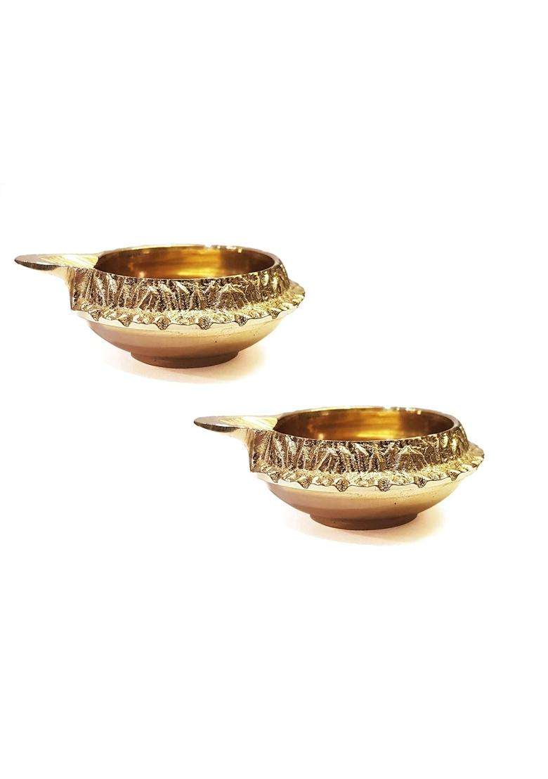 Craftsman 100 Percent Pure Virgin Brass Diwali Diya Indian Pooja Oil Lamp Golden Engraved Design Dia Set of 20 - Indya