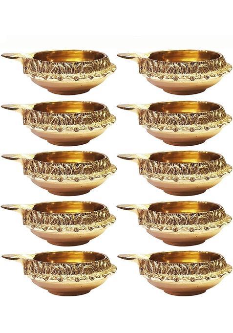Craftsman 100 Percent Pure Virgin Brass Diwali Diya Indian Pooja Oil Lamp Golden Engraved Design Dia Set of 20