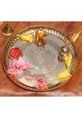 Pure Source India Gold Handcrafted Laxmi and Ganesh Embossed Brass Puja Aarti Thali Set