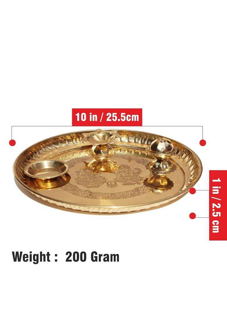 Pure Source India Gold Handcrafted Laxmi and Ganesh Embossed Brass Puja Aarti Thali Set - Indya
