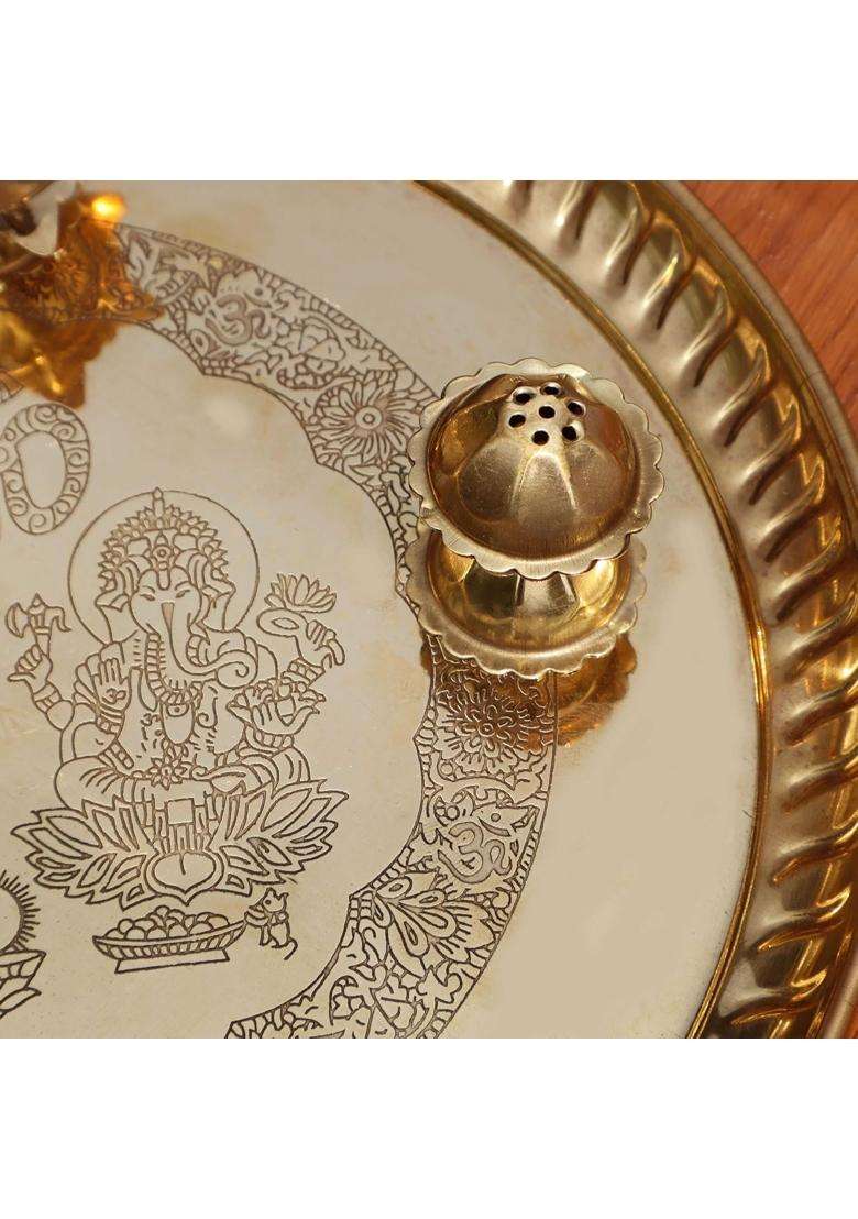 Pure Source India Gold Handcrafted Laxmi and Ganesh Embossed Brass Puja Aarti Thali Set - Indya
