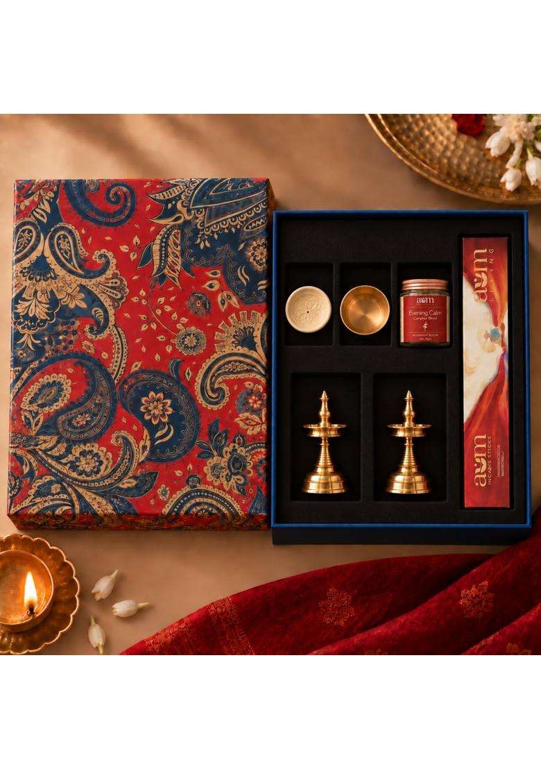 Ambi Gold Premium Pooja Gift Box with 2 Brass Diyas Kansa Katori Incense Holder Set of 6 - Indya