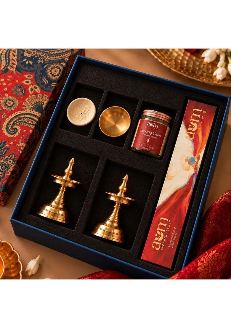 Ambi Gold Premium Pooja Gift Box with 2 Brass Diyas Kansa Katori Incense Holder Set of 6 - Indya