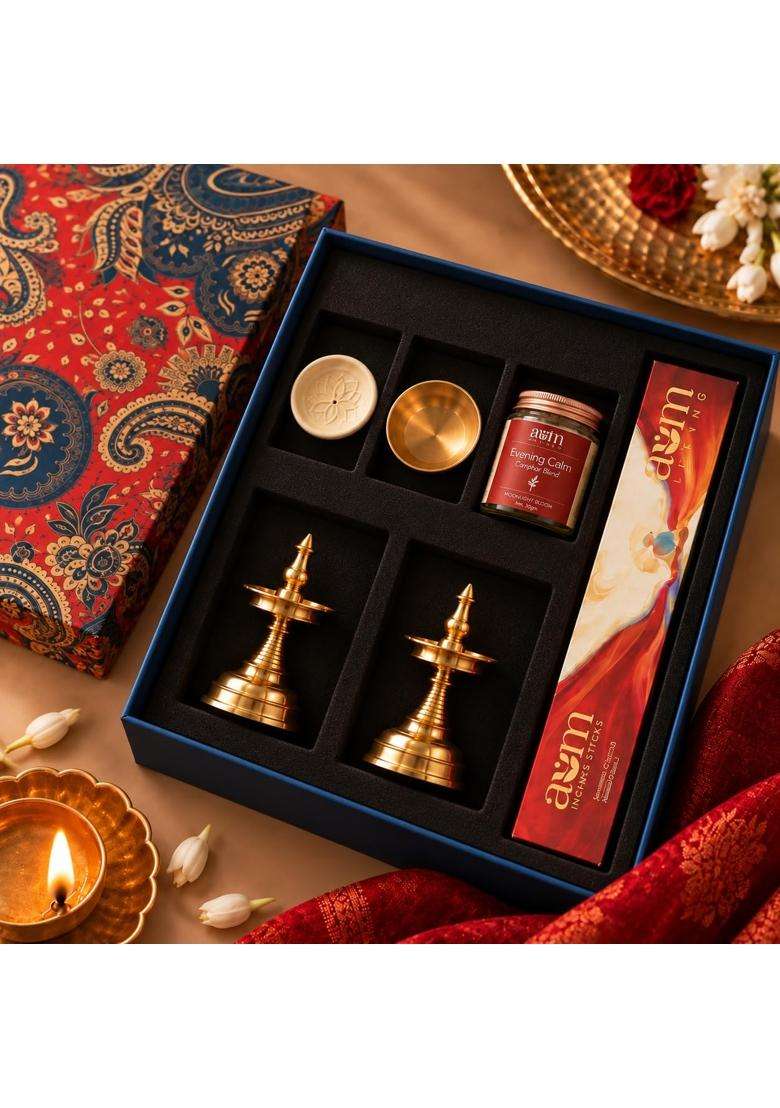 Ambi Gold Premium Pooja Gift Box with 2 Brass Diyas Kansa Katori Incense Holder Set of 6 - Indya