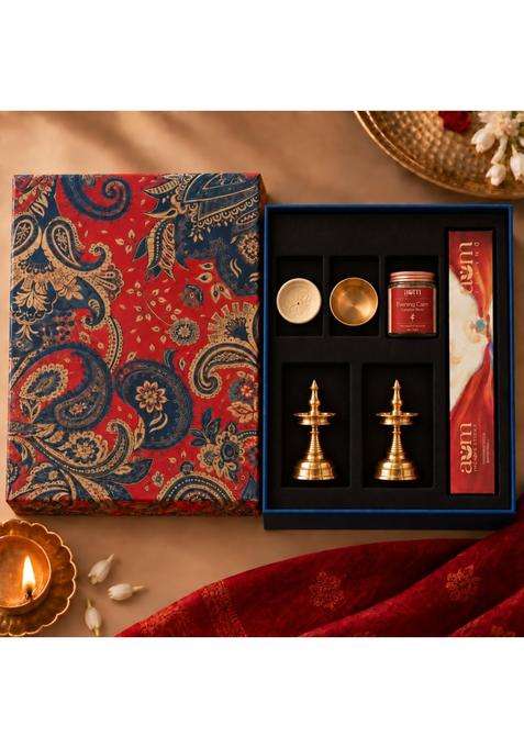 Ambi Gold Premium Pooja Gift Box with 2 Brass Diyas Kansa Katori Incense Holder Set of 6