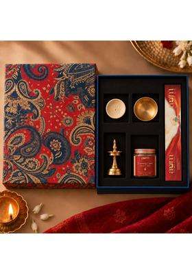 Ambi Premium Pooja Gift Box with Brass Diya Kansa Katori Incense Holder Set of 5