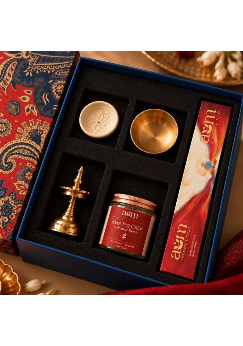Ambi Premium Pooja Gift Box with Brass Diya Kansa Katori Incense Holder Set of 5 - Indya