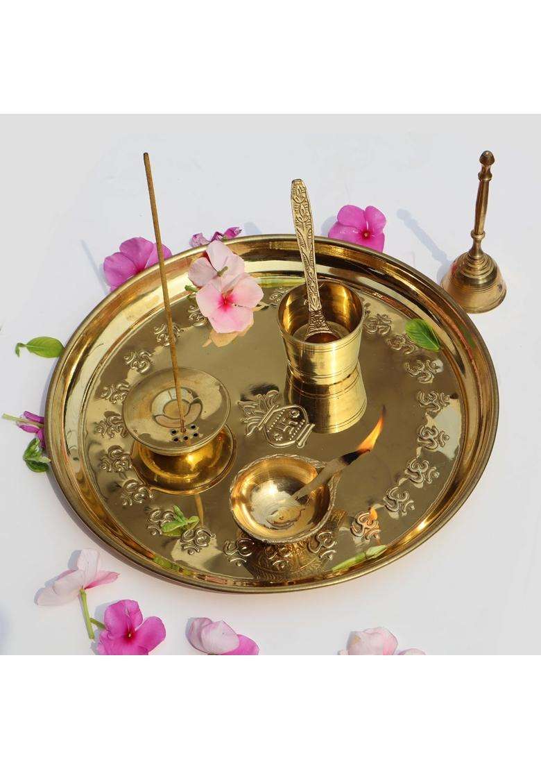 Pure Source India Gold Handcrafted OM Brass Puja Aarti Thali Set Religious Return Gift Item - Indya
