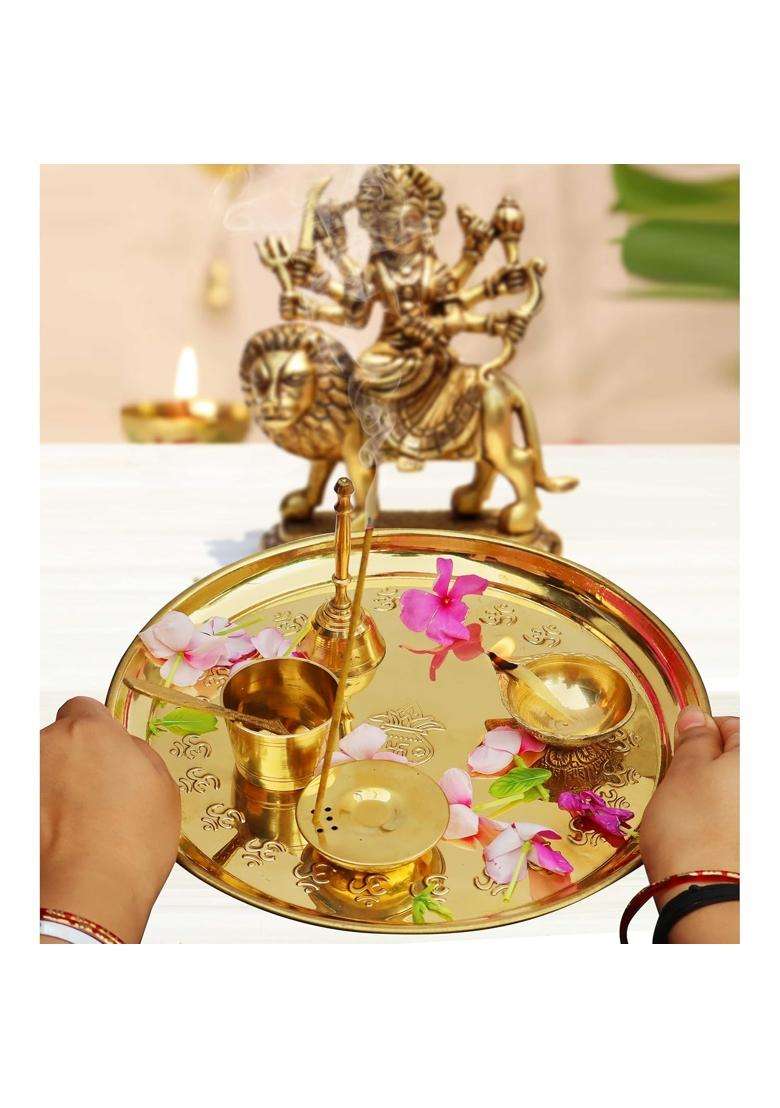 Pure Source India Gold Handcrafted OM Brass Puja Aarti Thali Set Religious Return Gift Item - Indya