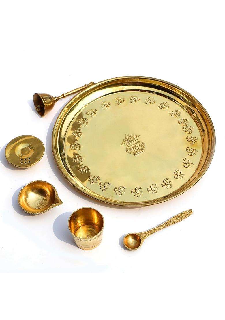 Pure Source India Gold Handcrafted OM Brass Puja Aarti Thali Set Religious Return Gift Item - Indya