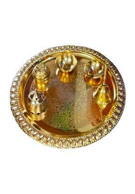 KBV Gold Pure Glossy Designer Brass Puja Pooja Thali Set with Ganti Bell