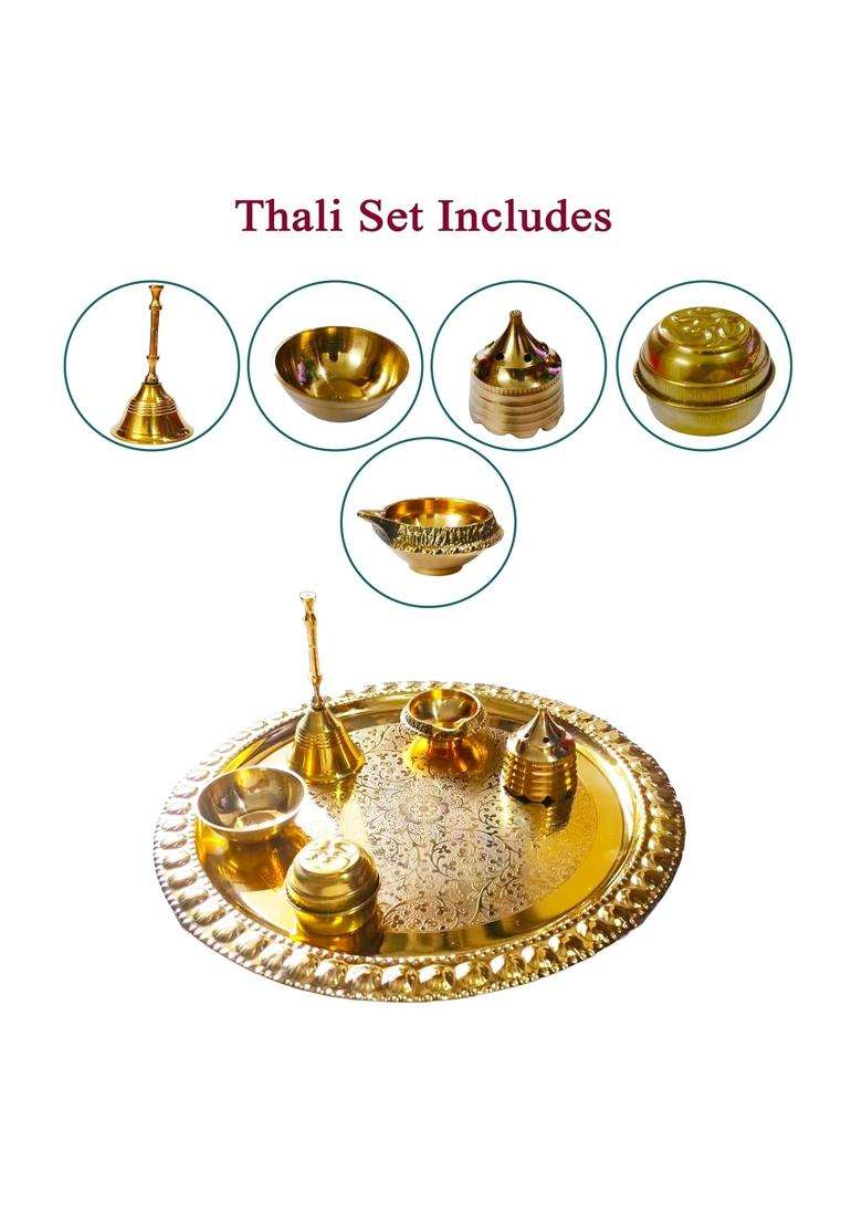 KBV Gold Pure Glossy Designer Brass Puja Pooja Thali Set with Ganti Bell - Indya
