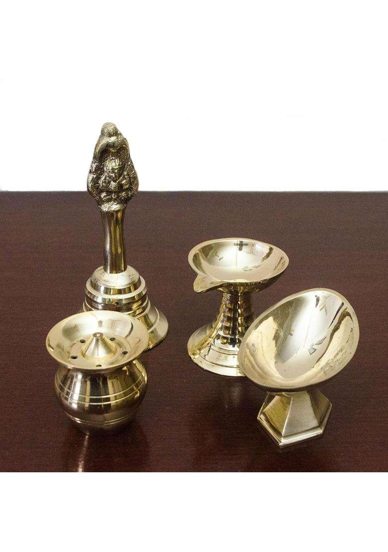 Tangerine Golden Brass Pooja Pcs Plate Set of 5 - Indya