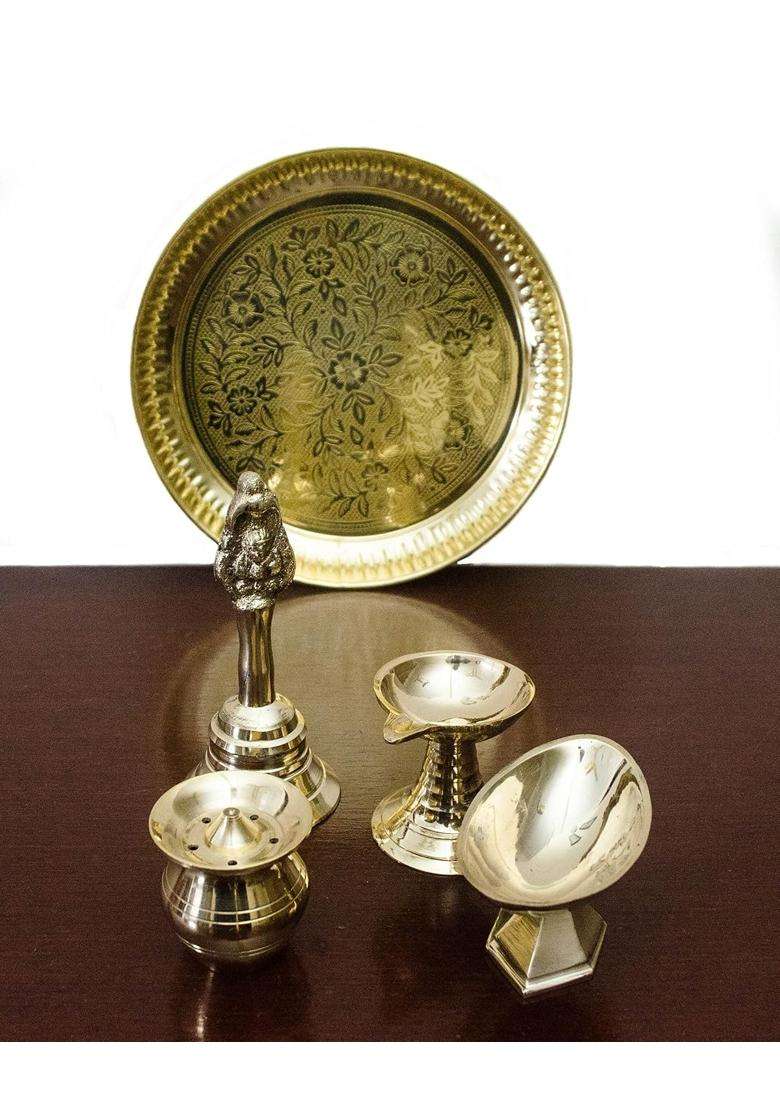 Tangerine Golden Brass Pooja Pcs Plate Set of 5 - Indya