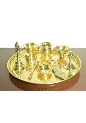 Tangerine Golden Brass Pooja Thali Pcs Plate Set of 9