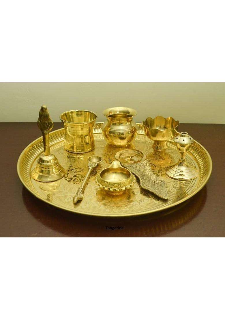 Tangerine Golden Brass Pooja Thali Pcs Plate Set of 9 - Indya