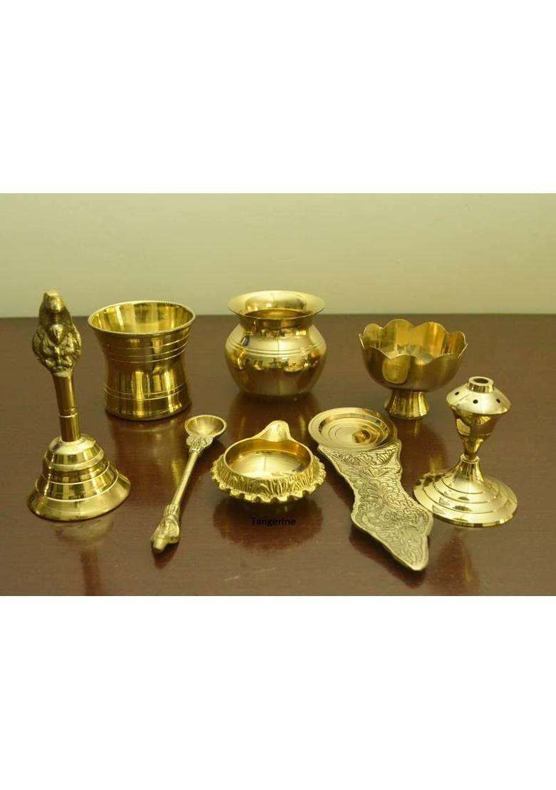 Tangerine Golden Brass Pooja Thali Pcs Plate Set of 9 - Indya