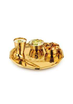 KHR Gold Brass Pooja Thali Set for Bhog 5 Pcs 1 Thali 2 Katori 1 Glass 1 Spoon