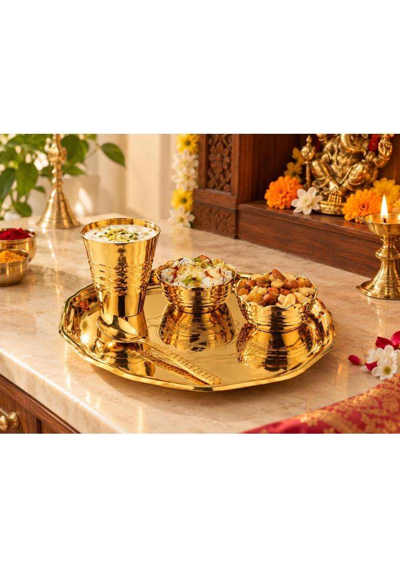 KHR Gold Brass Pooja Thali Set for Bhog 5 Pcs 1 Thali 2 Katori 1 Glass 1 Spoon - Indya