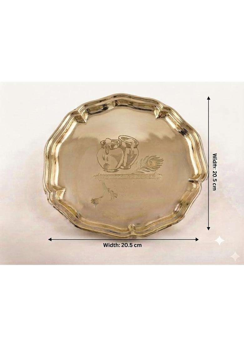 KHR Gold Brass Pooja Thali Set for Bhog 5 Pcs 1 Thali 2 Katori 1 Glass 1 Spoon - Indya