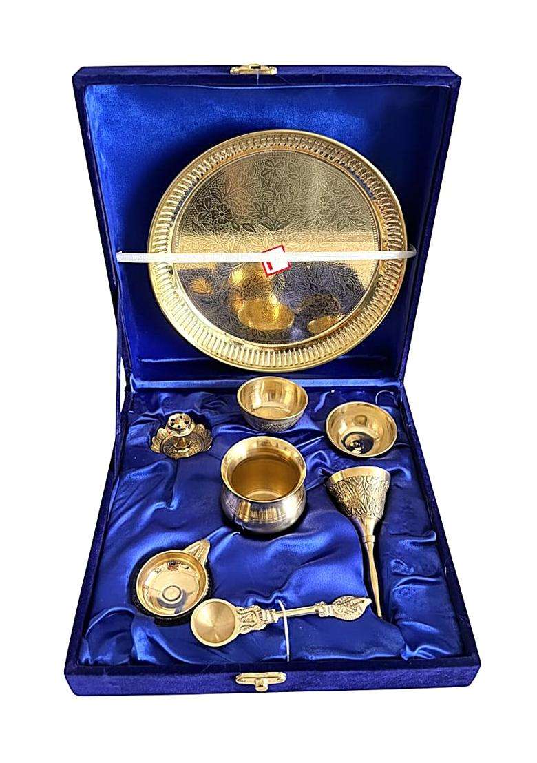Silverglow Pure Brass Pooja Thali Set 8 Pieces with Premium Velvet Box - Indya