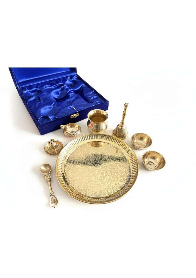 Silverglow Pure Brass Pooja Thali Set 8 Pieces with Premium Velvet Box - Indya