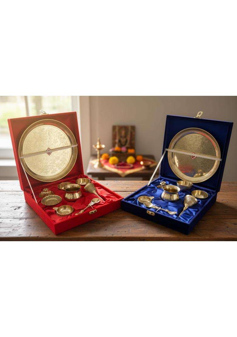 Silverglow Pure Brass Pooja Thali Set 8 Pieces with Premium Velvet Box - Indya