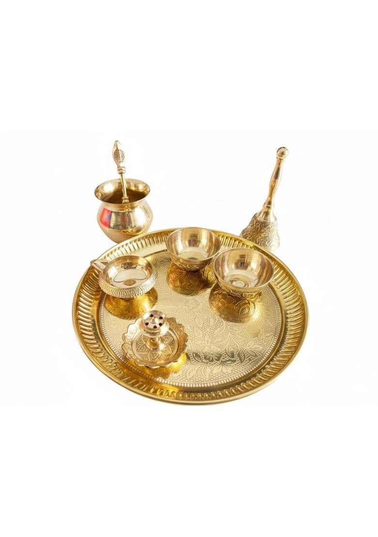 Silverglow Pure Brass Pooja Thali Set 8 Pieces with Premium Velvet Box - Indya