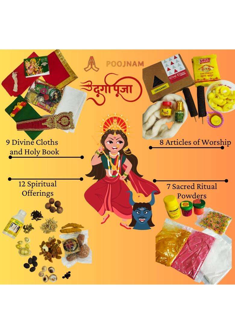 Poojnam Durga Puja Samagri Kit Complete Essentials for Durga MATA Decoration and Worship During Set of 36 - Indya