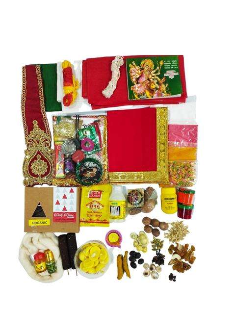 Poojnam Durga Puja Samagri Kit Complete Essentials for Durga MATA Decoration and Worship During Set of 36