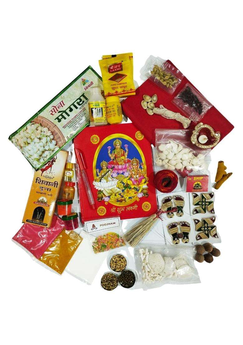 Multicolour Poojnam Lamxi Puja Samagri Kit for Diwali Complete Essentials for Laxmi MATA Decoration Set of 33 - Indya