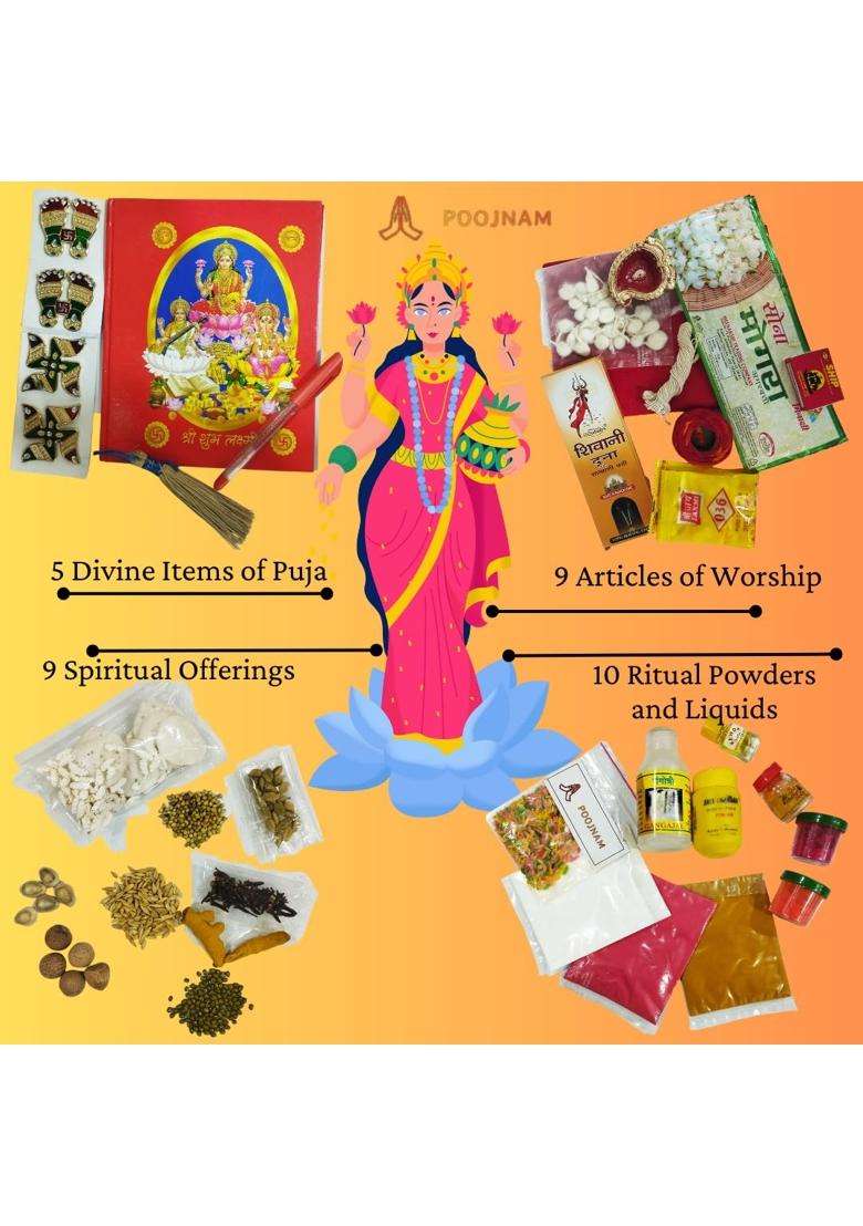 Multicolour Poojnam Lamxi Puja Samagri Kit for Diwali Complete Essentials for Laxmi MATA Decoration Set of 33 - Indya
