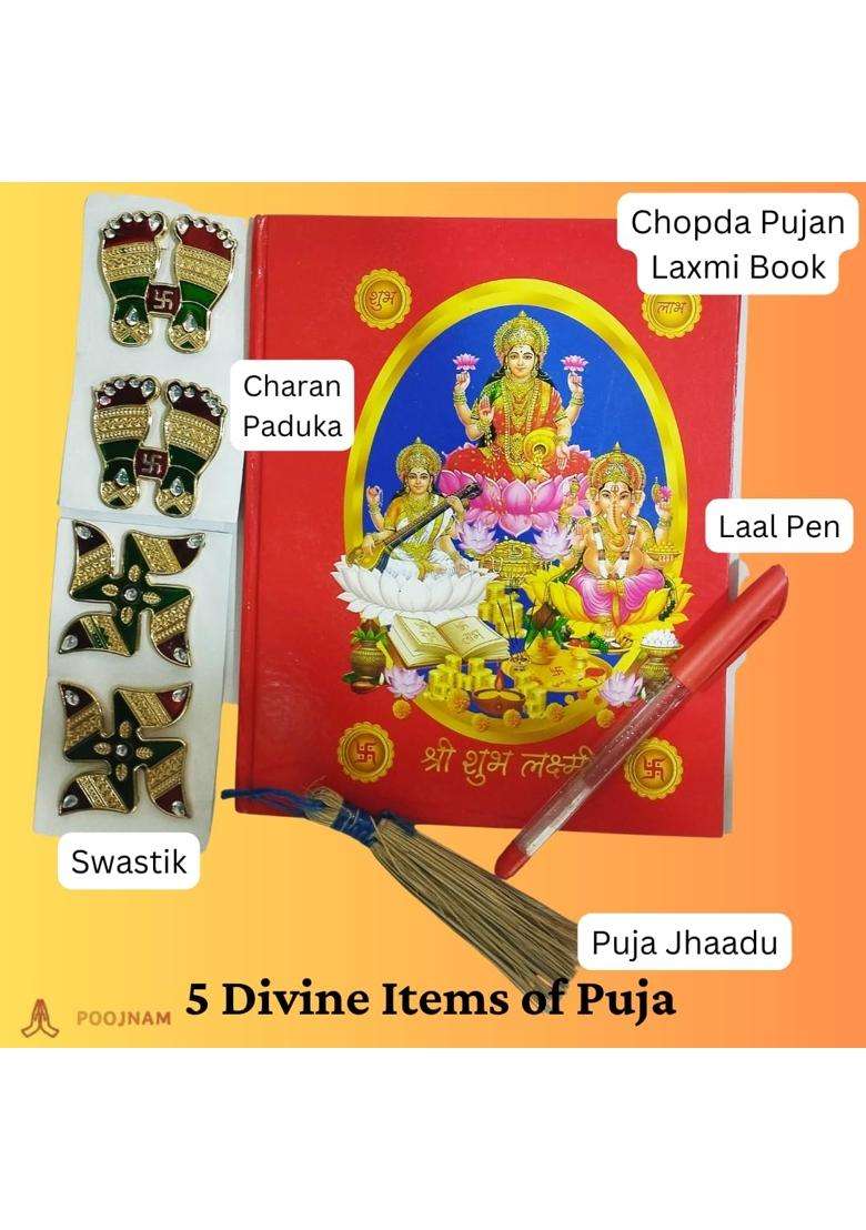 Multicolour Poojnam Lamxi Puja Samagri Kit for Diwali Complete Essentials for Laxmi MATA Decoration Set of 33 - Indya