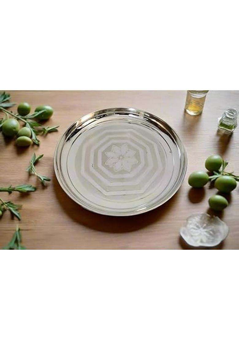PUJA Celebrations White German Silver Embossed Plate for Pooja and Decor Decorative Plates - Indya