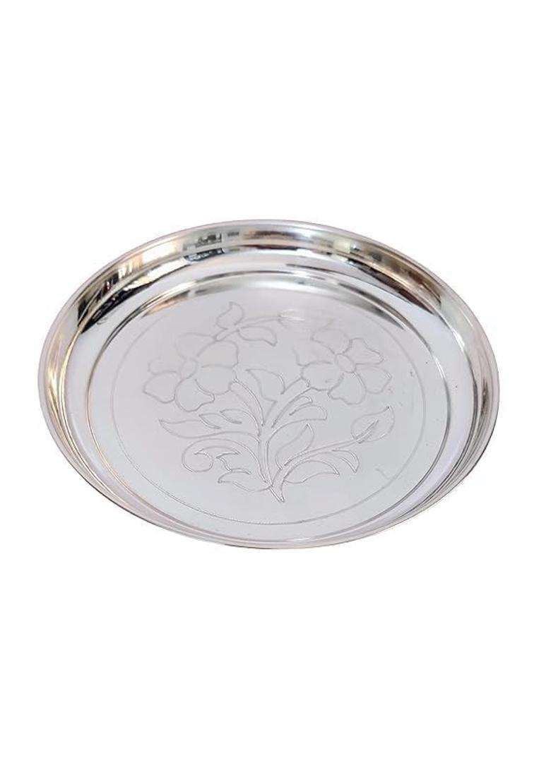 PUJA Celebrations White German Silver Embossed Plate for Pooja and Decor Decorative Plates - Indya